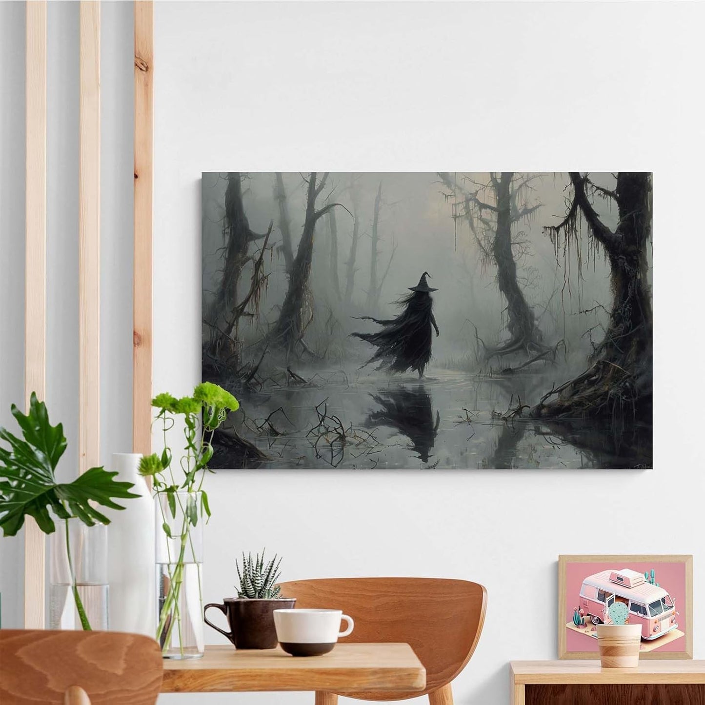 Vintage rustic swamp witch poster dark moody wall art gothic horror season halloween print for home decor retro dark moody painting16x24in Wood Framed