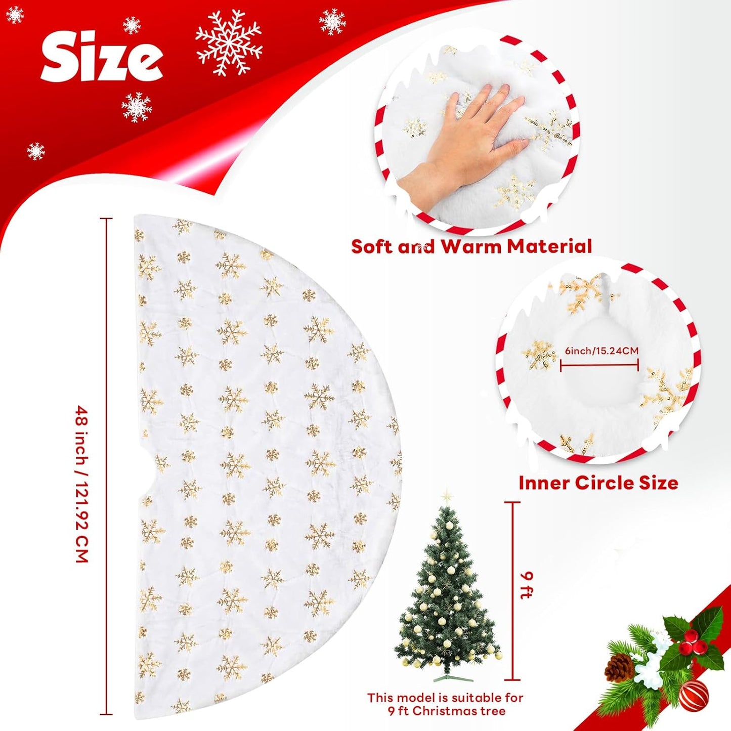 Christmas Tree Skirt 48Inch, Holiday Part Decorations for Christmas Tree, Whit Plush Glod Sequin Snowflake Tree Shirt for Xmas
