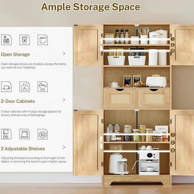 Iwell Tall Storage Cabinet with 2 Drawers & Adjustable Shelves, Rattan Cabinet, Kitchen Storage Cabinet, Pantry Cabinet with 4 Doors, Tall Cabinet for Living Room, Kitchen, Home Office, Natural