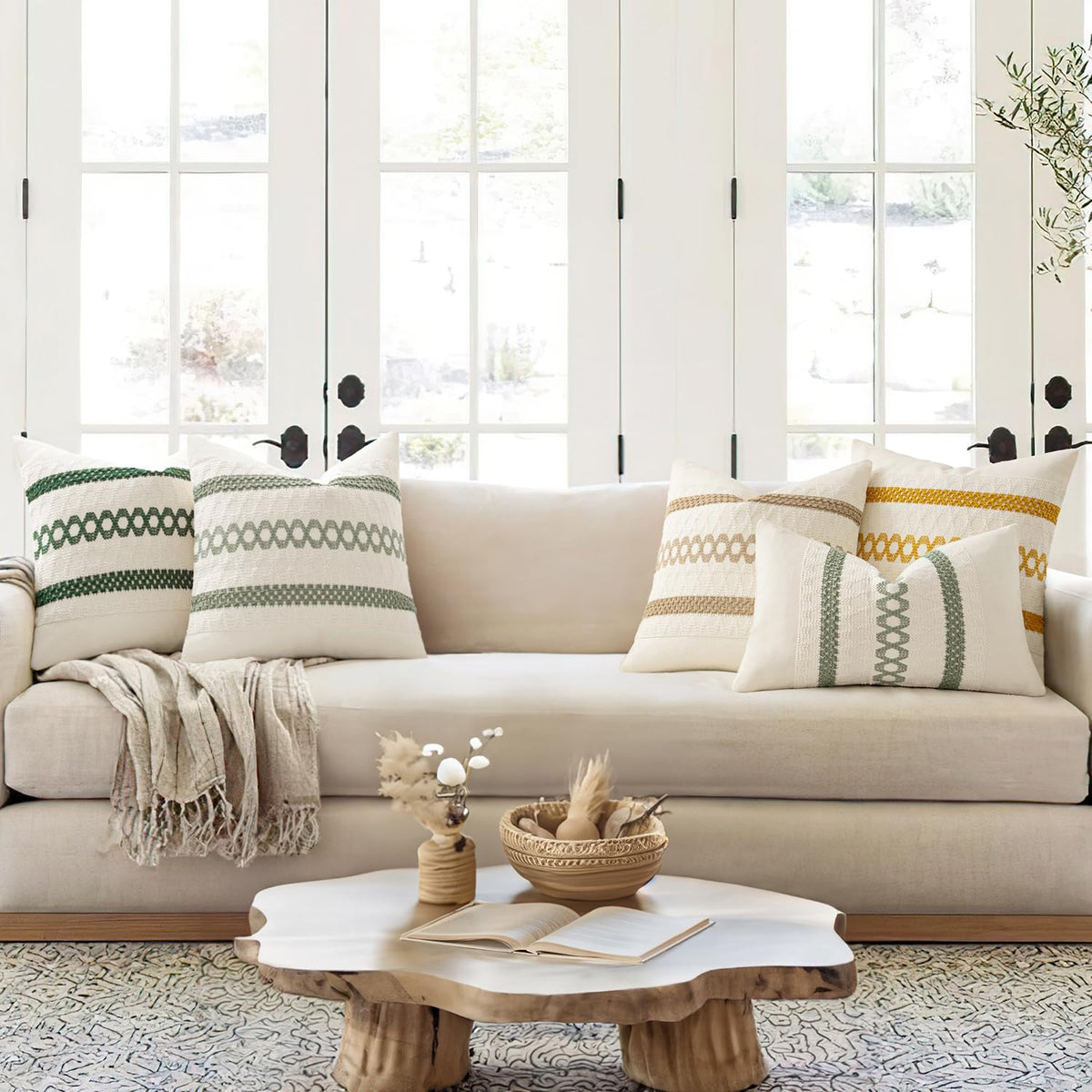 Set of 2 Sage Green Boho Decorative Pillow Covers 24x24 Inch (2 Count)