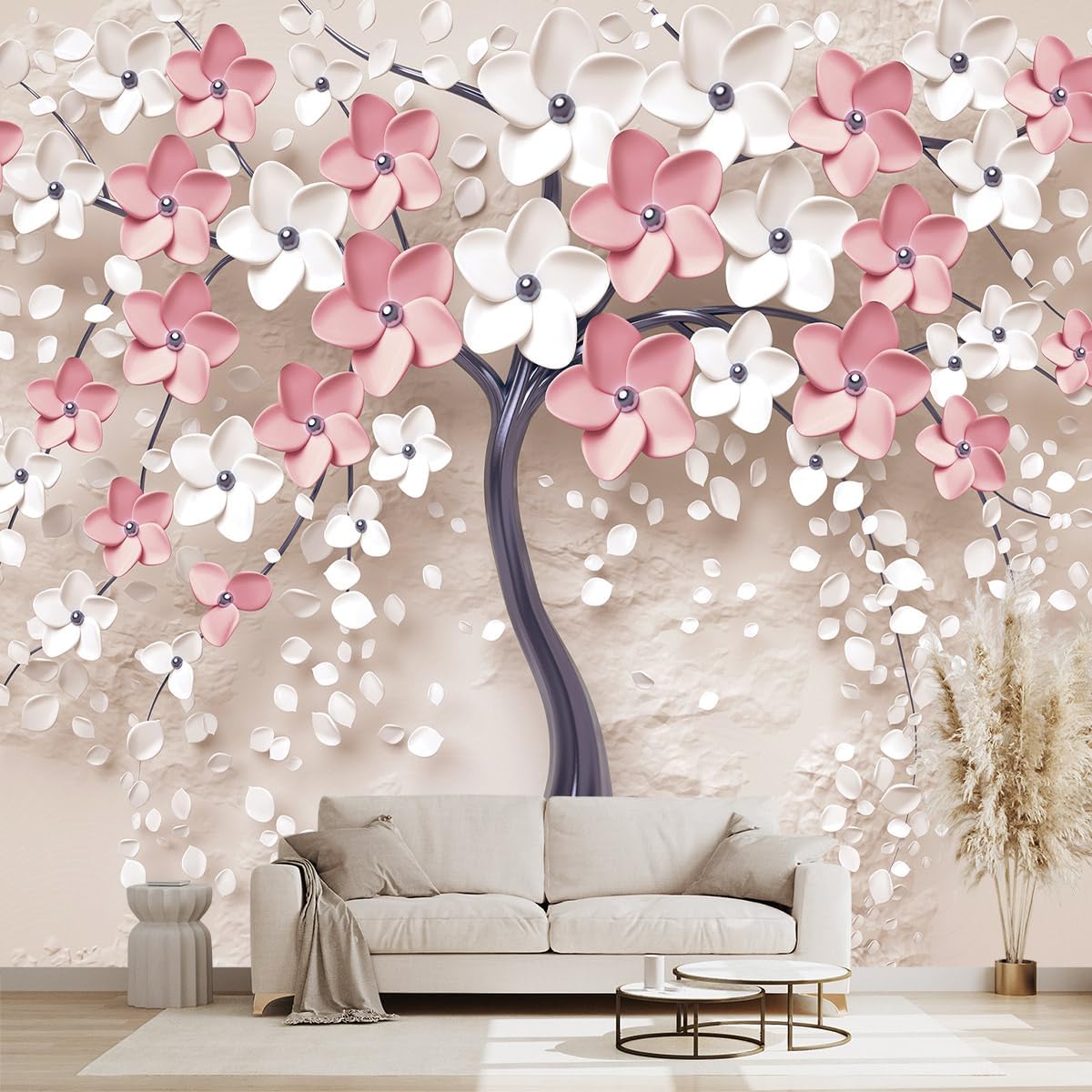 3D Relief Abstraction Pink Flowers Tree Mural Bedroom Floral Wallpaper Room Decor Living Room tv Background Large Wall Mural - 160"x108" (Not Peel and Stick)