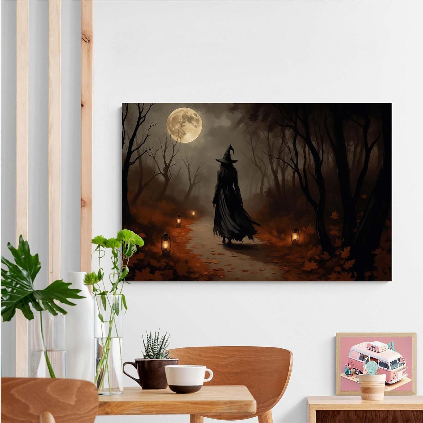 Moonlight witch poster dim lantern Halloween decoration Gothic style dark retro college style canvas wall art suitable for living room bedroom28x40in Wood Framed