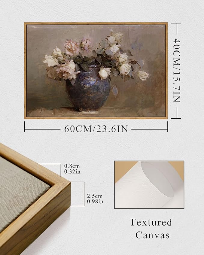 InSimSea Framed Canvas Wall Art Vintage Decor, Room Decor Large Artwork for Roses Floral Paintings Framed Wall Art Prints for Office Kitchen Bathroom Decorations, 16"x24"