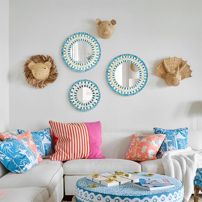 Handmade Mother of Pearl Mirror for Wall Decor, 3PCS Round Decorative Mirrors for Beach Nautical Home Hotel Coffee Shop, Natural Plate Art Hanging Sculpture for Dorm Apartment Entryway (Blue)