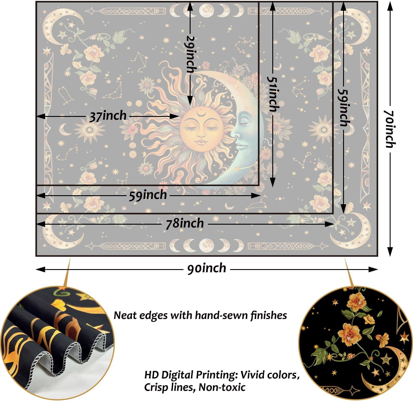 ARTCREATOR Sun and Moon Tapestry Astrology Space Wall Hanging Boho Hippie Floral Plant Tapestries Aesthetic Vintage Mandala Flower Decor for Living Room Bedroom (29" x 37")