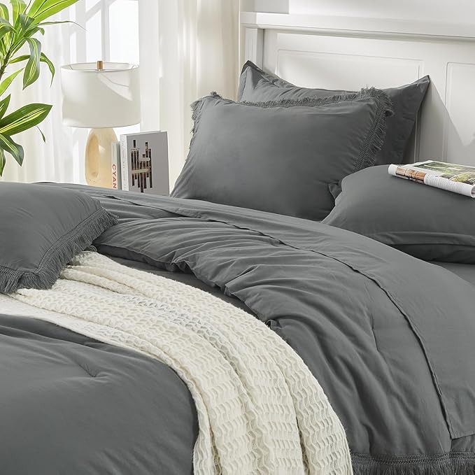 Andency Oversized King Comforter Set Dark Grey 120x98-7 Pieces Boho Tassel Bed in a Bag Soft Lightweight Bedding Sets, Fringe All Season Bed Set with Comforter, Sheets, Pillowcases & Shams