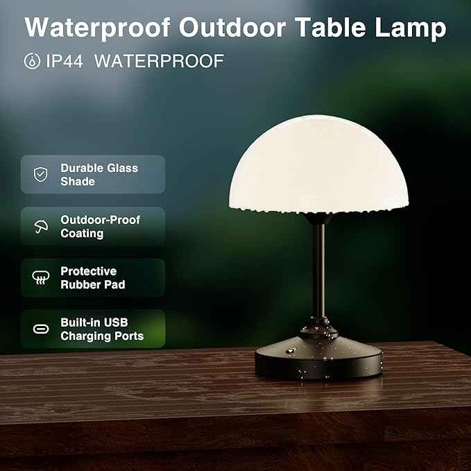 Mushroom Lamp Cordless Lamp Table Lamp,Outdoor Waterproof Shower Lamps,5000mAh Rechargeble Battery Operated Dimmable Touch Desk Lamps,LED Night Light for Bathroom Patio Camping Outdoor(Black)