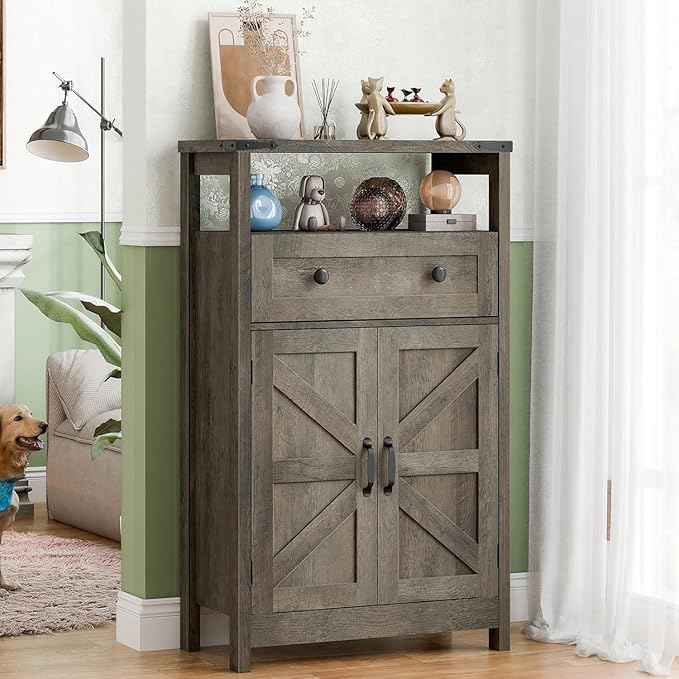 Vabches Farmhouse Storage Cabinet with 2 Doors and 1 Dawer - Side Storage Organizer, Small Bathroom Cabinet for Bathroom, Kitchen, Living Room, Rustic Style, Grey