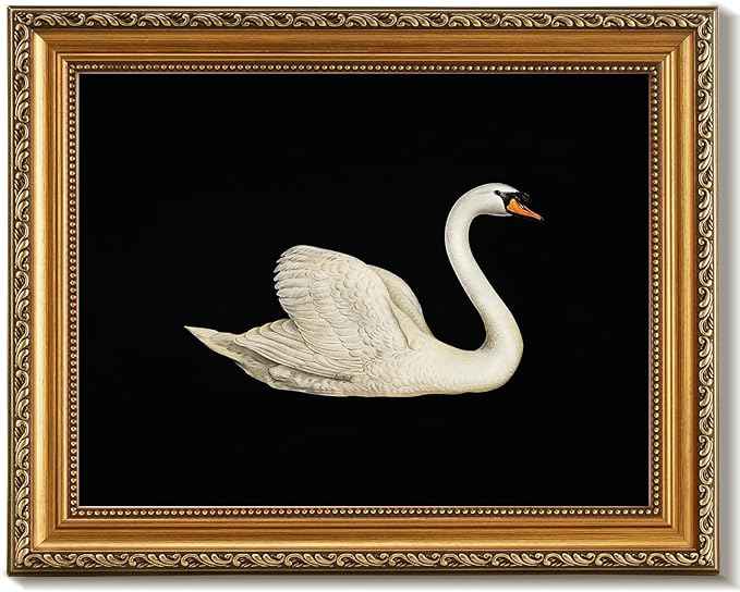 uniro Vintage Gold Framed Wall Art for Home Decor, Retro Swan Decor Animal Oil Painting Bathroom Wall Decor, Classic White Swan Vintage Art Prints, Minimalist Swan Aesthetic Picture for Nursery Bedroom Bathroom Office Desktop decor- 12x16Inch