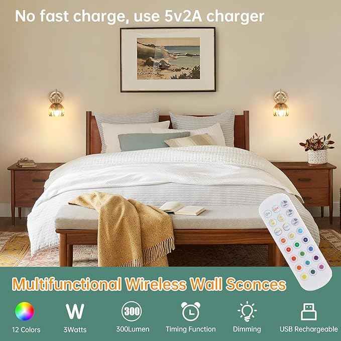 Vintage Battery Operated Wall Sconce, 5000mAh Rechargeable Wall Light, Indoor Battery Powered Wall Lamp for Bedside Bedroom Living Room, Tulip Amber