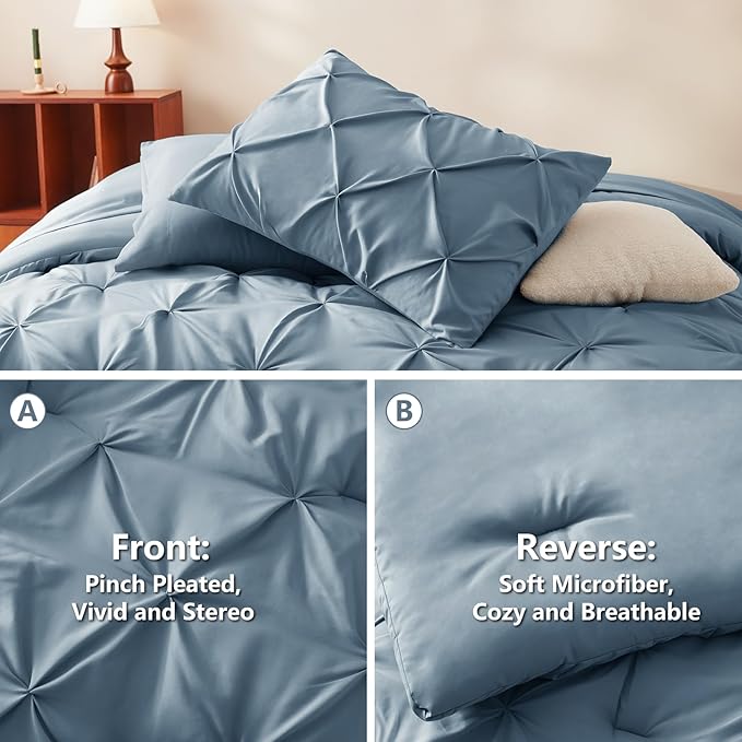 CozyLux King Size Comforter Set Mineral Blue, 7 Pieces Pintuck Bed in A Bag Blue Comforter King Size, Pinch Pleat Bedding Set with All Season Comforter, Flat Sheet, Fitted Sheet, Pillowcases & Shams