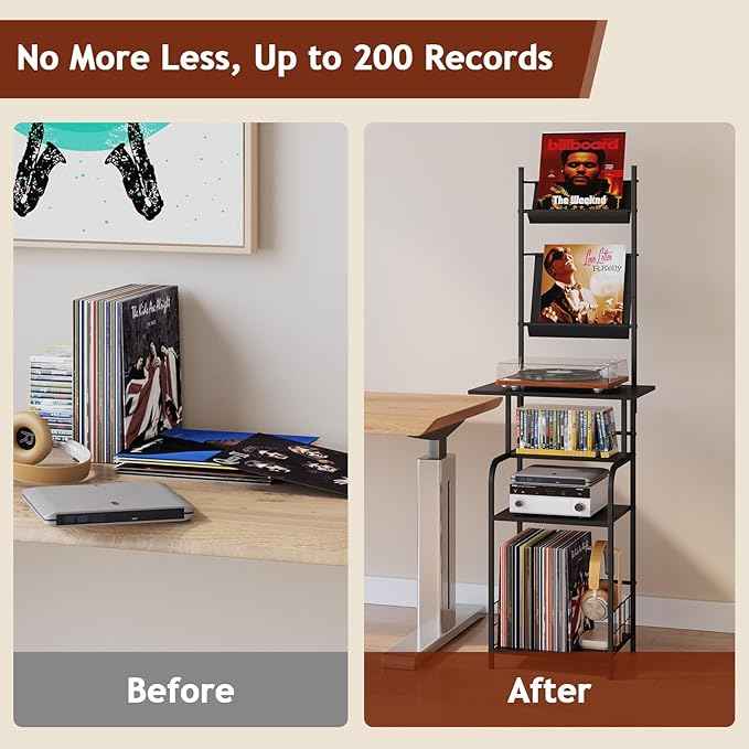 Record Player Stand with Vinyl Storage - 6-Tier Turntable Table with Adjustable Feet, Metal & Wood Cabinet - Console Organizer Display Shelf for Living Room, Apartment