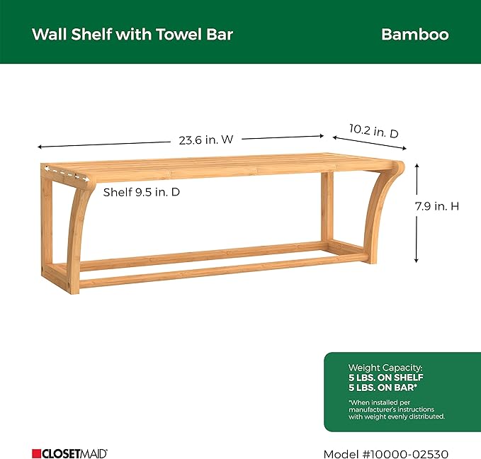 ClosetMaid Bamboo Wall Shelf with Towel Bar, Wall Mount Storage Shelves, Organizer Rack, Natural Finish