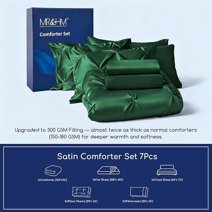 MR&HM Satin Comforter California King 7 Pieces Dark Green - Luxurious Pinch Pleat Bedding Set with Comforter, Flat Sheet, Fitted Sheet, Pillowcases & Shams, Super Silky Soft Bed Set for All Season