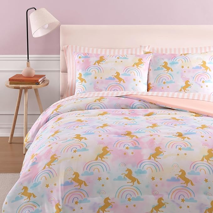 Queen Comforter Set with Sheets for Girls-7 Pieces Queen Bedding Sets with Pink Comforter, Sheets, Pillowcases & Shams for Kids (Gold Unicorn, 90" X 90")