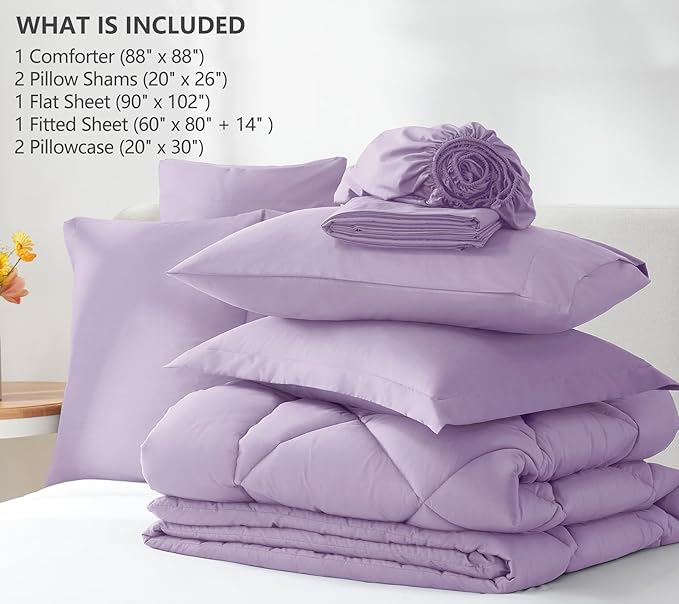 CozyLux Queen Comforter Set Light Purple - Bed in a Bag Queen Size 7 Pieces, Luxury Soft Lavender Bed Set for All Seasons, Bedding Set with Down Alternative Comforter, Sheets, Pillowcases & Shams