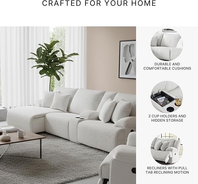 Signature Design by Ashley Top Tier Casual Manual Left-Arm Facing 4-Piece Reclining Sectional with Chaise, Console, Storage, 2 Cup Holders and 4 Accent Pillows, Light Gray