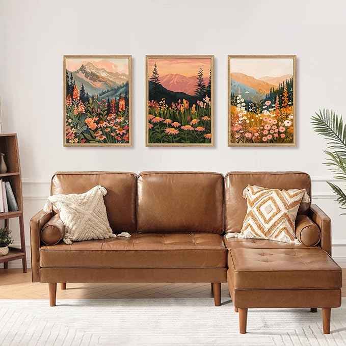 Cyebmo Wood Framed Mountain Wildflower Wall Art Set of 3, Sunset Mountain Nature Wall Decor, Colorful Floral Landscape Canvas Prints, Rustic Botanical Artwork for Bedroom Living Room Office 16x24 Inch