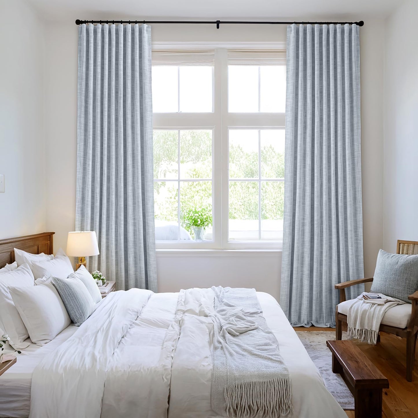MIULEE Light Blue 100% Blackout Linen Curtains 102 Inch 2 Panels Set Double Sided No Coating Pinch Pleated Back Tab Floor to Ceiling Black Out Thermal Insulated Bedroom Living Room Darkening Drapes