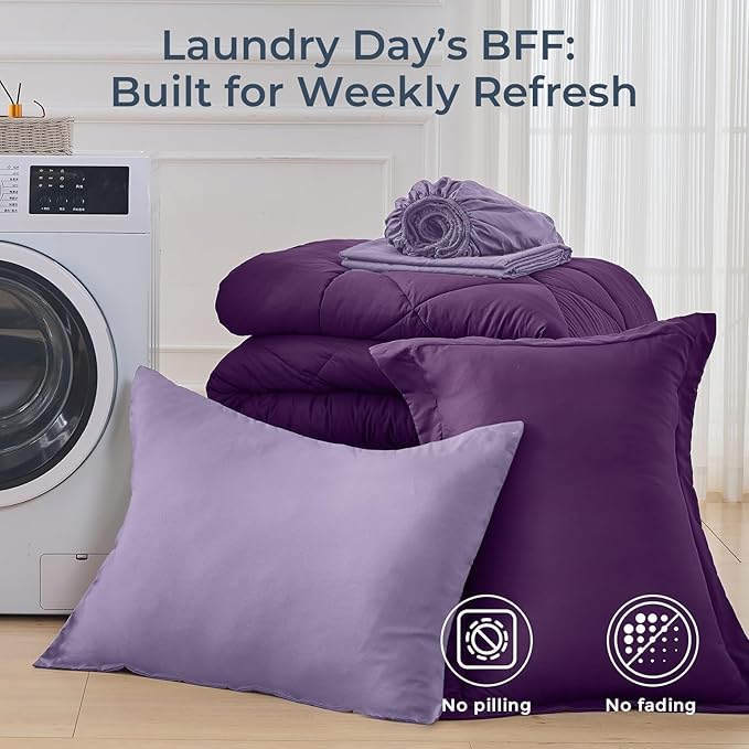HEVUMYI Purple & Light Purple Twin-XL Comforter Set - 5-Piece All Season Bed in a Bag Twin-XL, Ultra Soft Bedding Set with Comforter, Flat Sheet, Fitted Sheet, Pillowcases, Pillow Shams