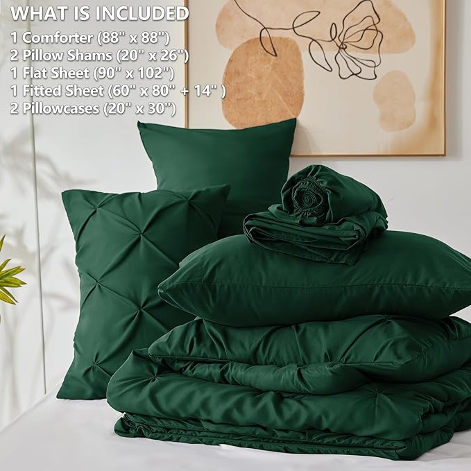 CozyLux Queen Comforter Set Emerald Green, 7 Pieces Pintuck Bed in A Bag, Premium Green Comforter Queen Size, Pinch Pleat Bedding Sets with Comforter, Sheets, Pillowcases & Shams
