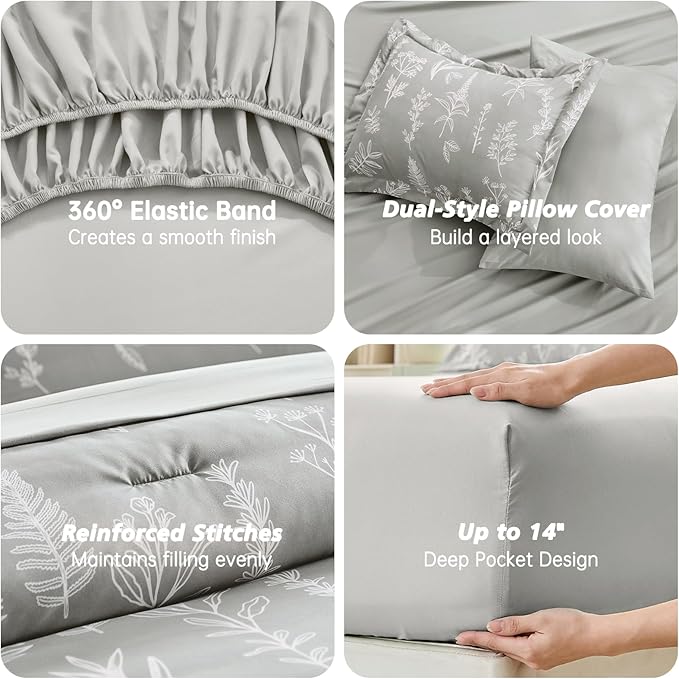 MUXHOMO Silver Grey Bed in a Bag King 7 Pieces, King Comforter Set Reversible Botanical Flowers Design, Ultra Soft & Breathable Bedding Sets with Comforter, Sheets, Pillowcases & Shams