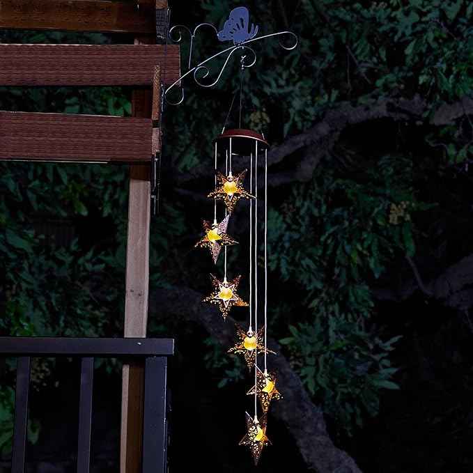 Tryme Solar Wind Chimes Star Wind Chime Warm LED Hanging Solar Lights Unique Garden Decor Memorial Thanksgiving Gifts for Mom Grandma Sister Home Party