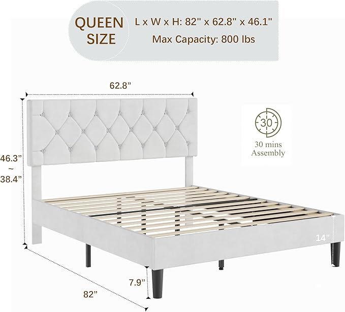 VECELO Queen Size Bed Frame with Diamond Tufted Headboard, Upholstered Platform Bedframe with Wood Slat Support, No Box Spring Needed, Velvet & White