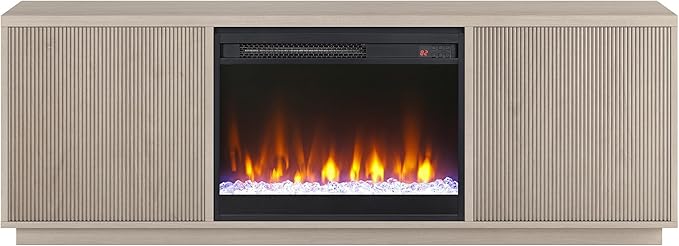 Henn&Hart Fluted TV Stand for TVs up to 75" with 26" Electric Crystal Rocks Fireplace and Ribbed Side Storage Cabinets for Living Room, Family Room, or Office, Beech White