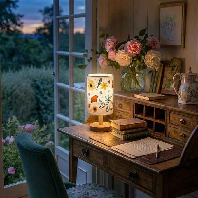 Hortsun Pressed Flower Lamp Vintage Table Small Lamp Cottagecore Decor Boho Night Light Decorative Rustic Night Light for Bedroom, Living Room or Office, Valentine Gift for Women(Modern Style)