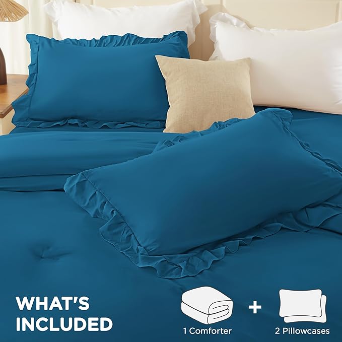Andency Teal Full Size Comforter Set (79x90Inch), 3 Pieces Fluffy Farmhouse Shabby Chic Ruffle Bedding Sets, All Season Soft Lightweight Bed Set