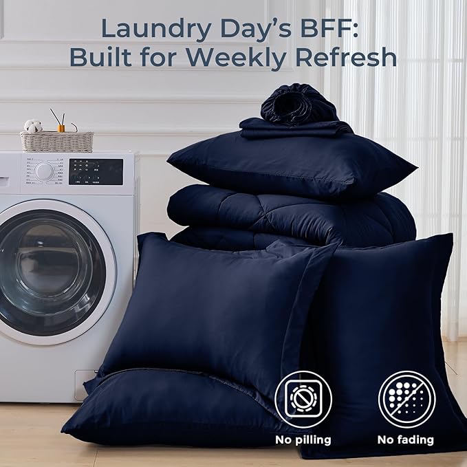 HEVUMYI Navy Blue King Comforter Set - 7-Piece All Season Bed in a Bag King, Ultra Soft Bedding Set with Comforter, Flat Sheet, Fitted Sheet, Pillowcases, Pillow Shams, Navy Blue