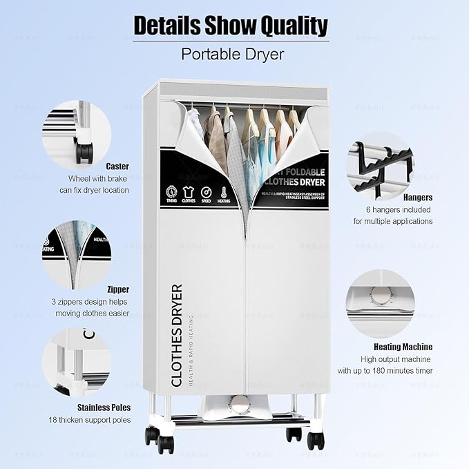 Clothes Dryer, Portable Drying Machine with Timer, 60inch Laundry Drying Wardrobe with Large Capacity, Electric Dryer/Rack for Home | Appartments (Grey UE5)