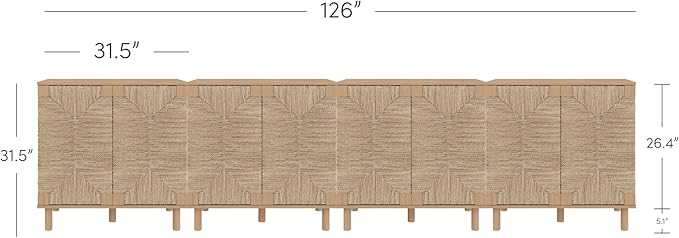 Nathan James Beacon Boho TV Stand, Free Standing Kitchen Cabinet Storage with Adjustable Interior Shelf and Seagrass Accent, Seagrass/Raw Oak, Set of 4