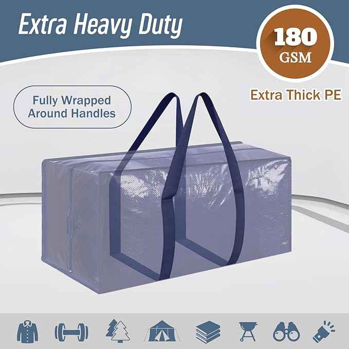12 Pack Extra Heavy Duty Large Moving Bags with Strong Zipper & Comfortable Handles, Sturdy & Durable Clothes Storage Bags Totes Bins, Packing Moving Boxes for College Supplies, Dark Blue