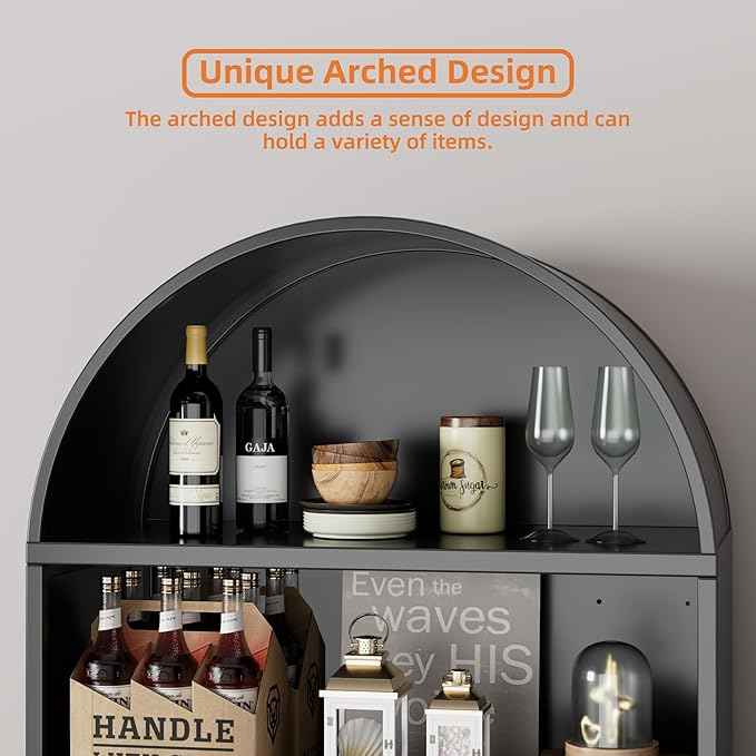 Metal Arched Bookcase Cabinet,Wide Black Arched Bookshelf with 2 Adjustable Shelf for Home Office Living Room,Required Assembly,17.7" D x 35.5" W x 78.8" H