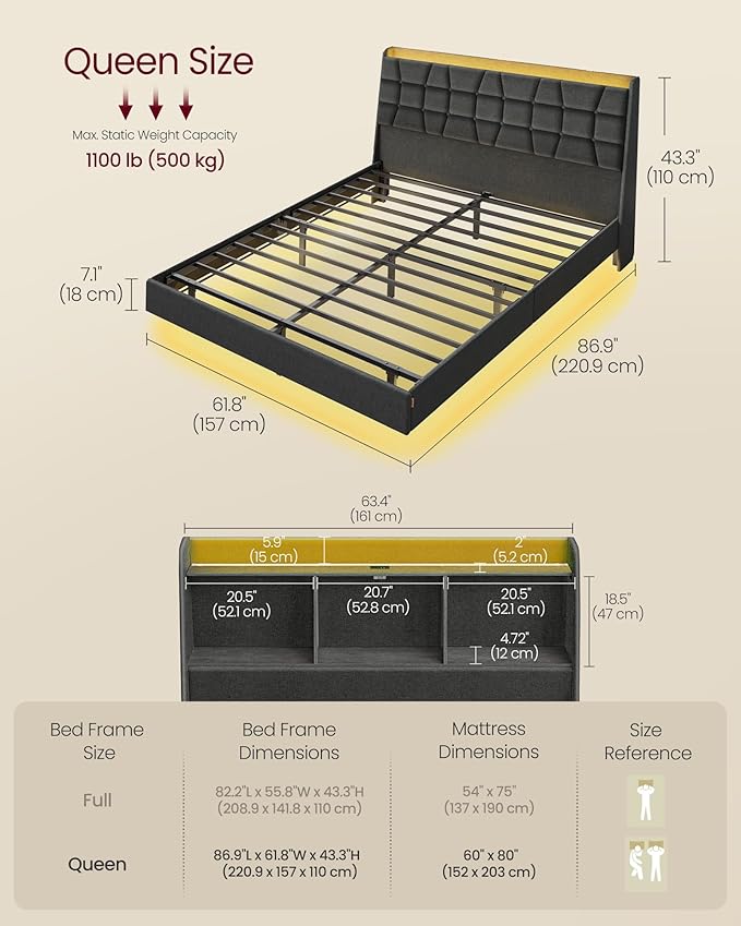 VASAGLE Queen Size Floating Bed Frame with LED Lights, Upholstered Queen Bed Frame with Charging Station, Tufted Storage Headboard, Noise-Free, No Box Spring Needed, Dark Gray URMB851G71SV1