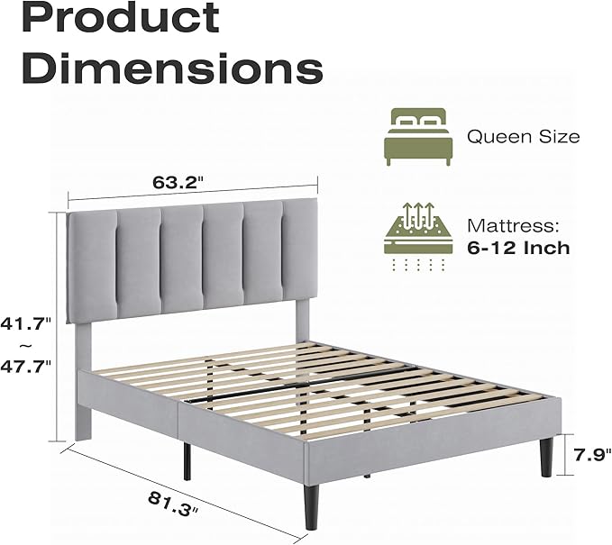 VECELO Queen Size Bed Frame with Upholstered Headboard, Heavy-Duty Bedframe with Strong Wooden Slats Support, No Boxing Spring Needed, Light Grey