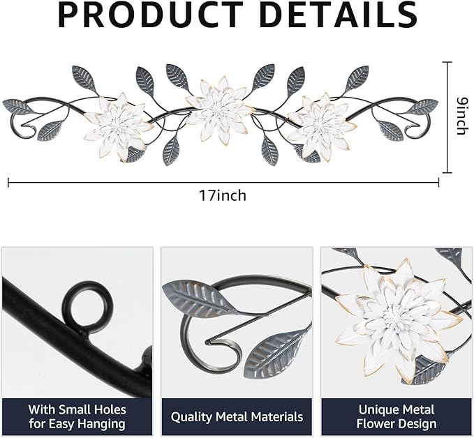 KHJCXS Metal Wall Art Modern Minimalist Metal Flowers Indoor Decor Horizontal Wall Art Iron Artwork,for Over Door,Bedroom,Living Room,Kitchen,Office Scroll Decor (White3)