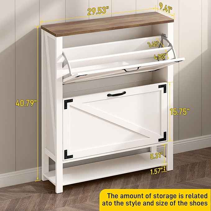 Vabches Shoe Storage Cabinet, 5-Tier Farmhouse Freestanding Organizer with 2 Flip Drawers, Wooden Shoes Rack Cabinets Storage Organizer with Doors for Entryway, Hallway, Closet, Rustic White
