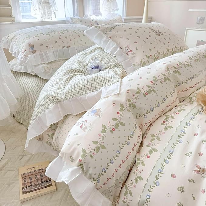 LifeTB Botanical Floral Comforter Set Full Size Cute Flower Leaves Rabbit Pattern Comforter Reversible Green Plaid Comforter Girls Princess Bedding Set Lace Ruffle Comforter Set for Kids Teen Girls