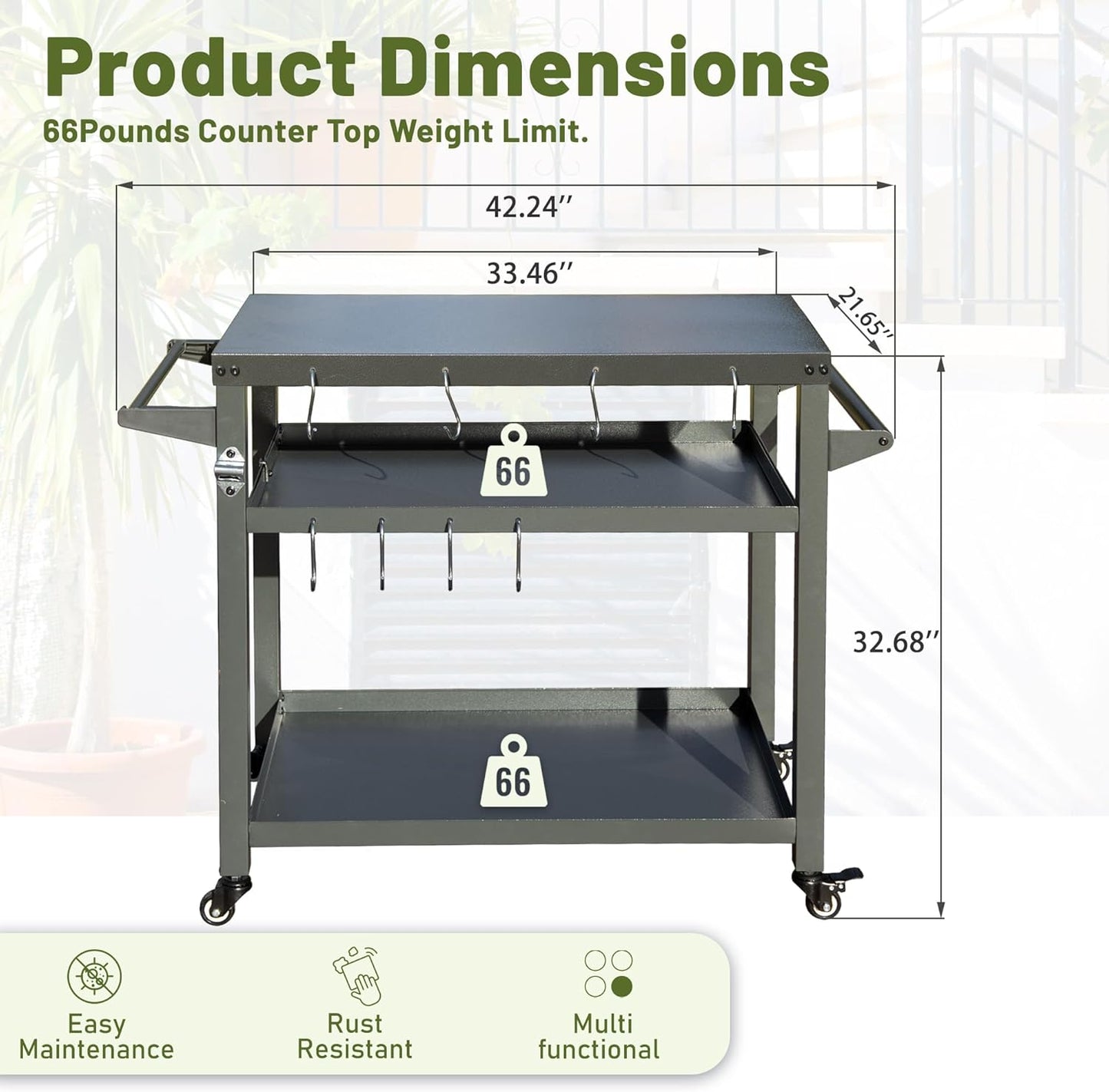 Domi 3-Shelf Outdoor Grill Table, Grill Cart with Wheels, Pizza Oven and Food Prep Table, Blackstone Griddle Stand with Propane Tank Hook for Outside BBQ