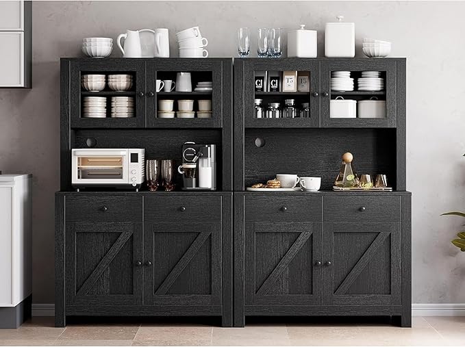 IDEALHOUSE 63" Kitchen Pantry Cabinet with Drawers, Hutch Cabinet with Storage, Microwave Stand, Adjustable Shelves, Freestanding Tall Pantry Storage for Dining Room, Living Room, Black