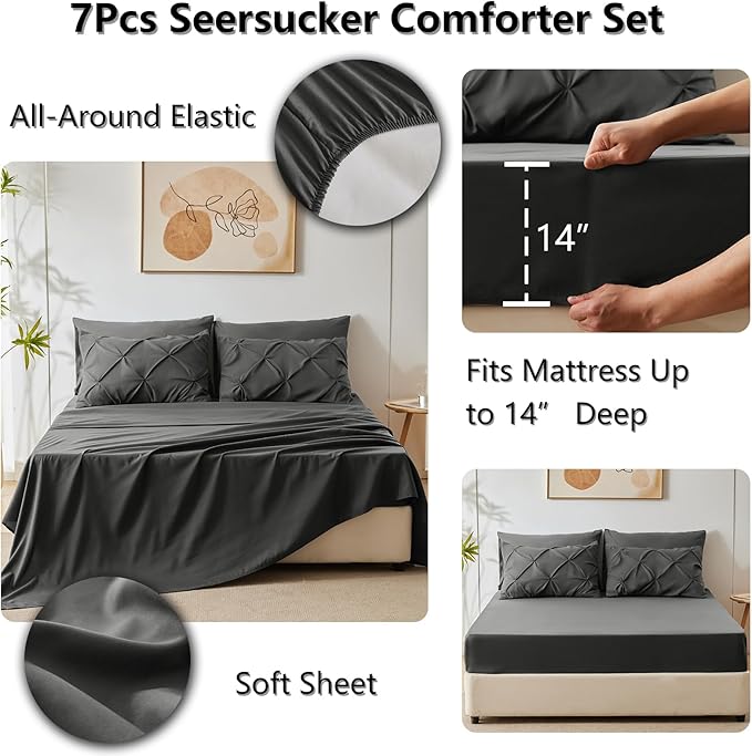 CozyLux Queen Comforter Set Dark Grey, 7 Pieces Pintuck Bed in A Bag, Premium Dark Gray Comforter Queen Size, Pinch Pleat Bedding Sets with Comforter, Sheets, Pillowcases & Shams