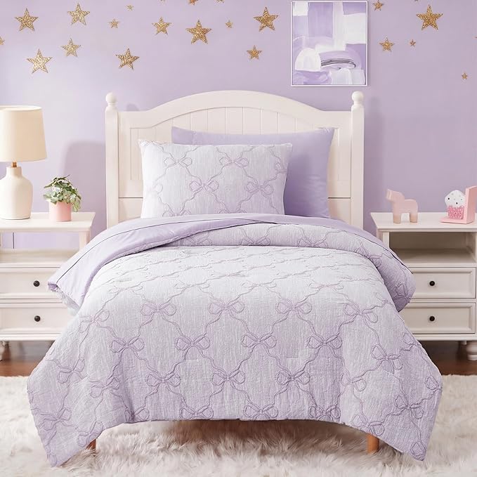 Twin Comforter Set with Sheets for Girls-5 Pieces Twin Bedding Sets with Light Purple Comforter, Sheets, Pillowcase & Sham for Kids (Purple Diamond, 66" X 86")