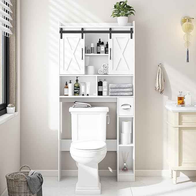 Vabches Over The Toilet Storage Cabinet, Farmhouse Storage Cabinet Over Toilet with Sliding Doors，Home Space-Saving Toilet Rack, for Bathroom, Restroom, Laundry