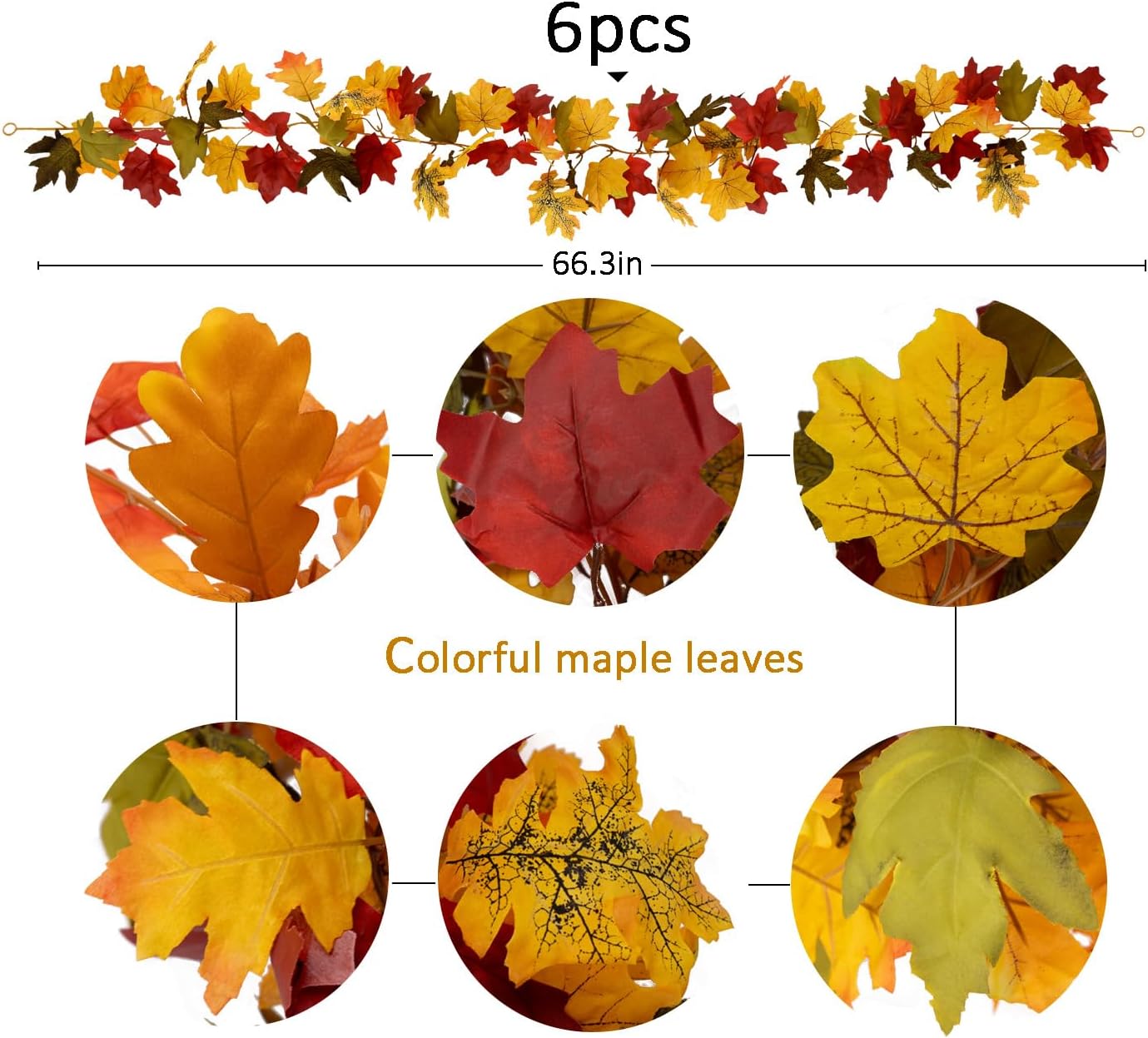 PARTY JOY 6PCS Orange Leaf Garland, 5.6Ft Halloween Garland Artificial Maple Leaf Autumn Hanging Fall Vines Thanksgiving Decorations Fall Decor