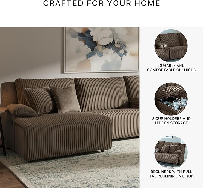 Signature Design by Ashley Top Tier Casual Manual Left-Arm Facing 4-Piece Reclining Sectional with Chaise, Console, Storage, 2 Cup Holders and 4 Accent Pillows, Dark Brown
