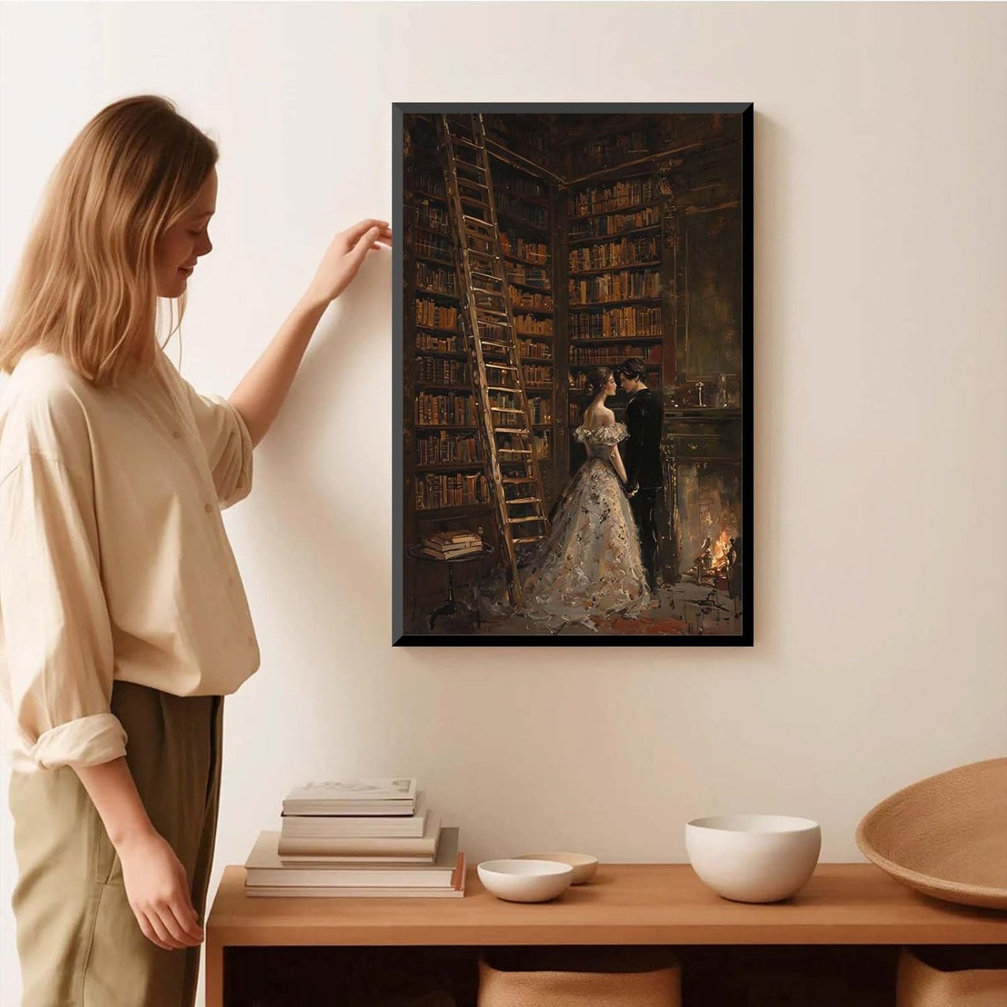 JFHCQJPK Gothic retro library scene decoration melancholy calm art college style wall aesthetic antique style home decoration suitable for bedroom living room8x12in Metal blackFramed