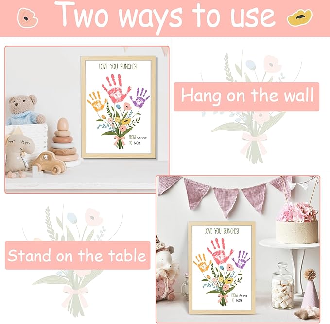 QOUBAI Colorful Flower Bouquet Handprint Art Craft DIY Kit Mother's Day Gifts From Daughter or Son Fun Family Handprint Keepsake with Wood Frame for Mom Grandma Birthday Christmas 12x16 Inch